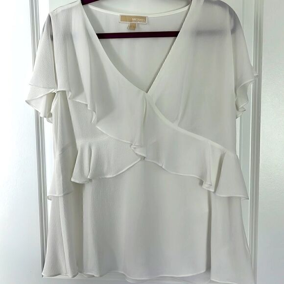 Michael Kors Micheal Sheer White Flutter V Neck Blouse Feminine - Picture 1 of 6